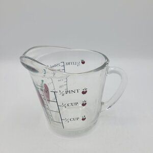 Anchor Hocking Glass Measuring Cup Plaid Apples 1 Cup 8 oz Style 496 D Handle
